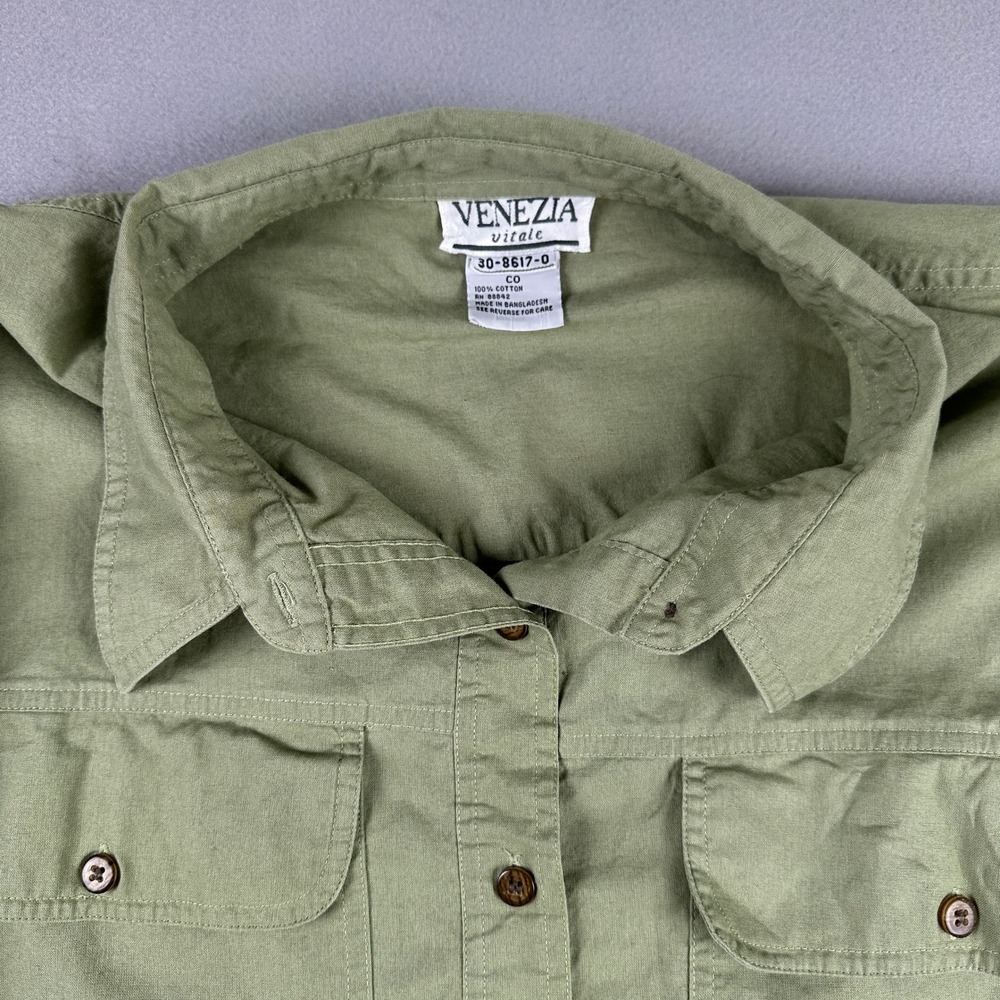 Oversized Vintage Venezia Button Down Shirt Womens Sage Green Cotton - Picture 4 of 12